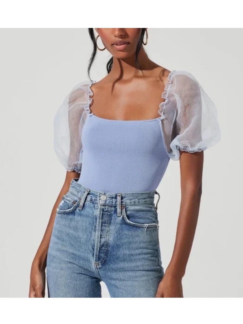 Zara Light Blue Puff-Sleeve Square Neck Top